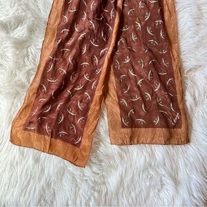 Kenzo Vintage 100% Silk Long Scarf – Brown, Tan, Crescent Moon & Green Floral 🌙🌿